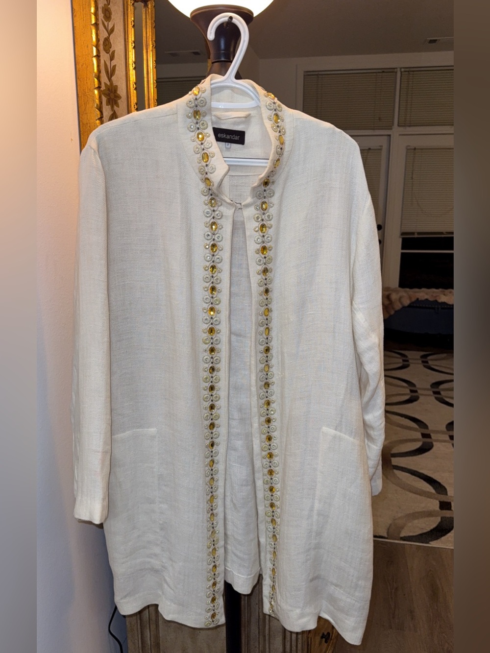 Vintage Eskandar Womens
Achkan Evening Jacket Ivory Open Front Linen Beaded 2